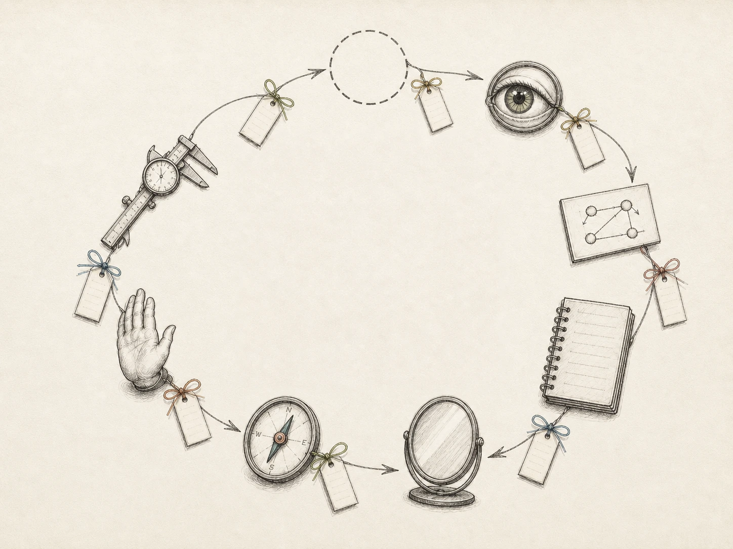 The Glass Mind illustrated sheet with eight reasoning instruments surrounding an open center