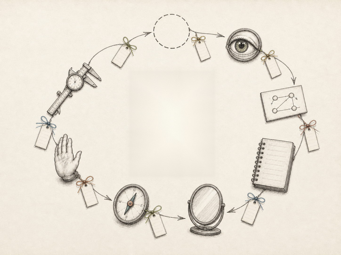 The Glass Mind illustrated sheet: eight reasoning instruments around the central glass