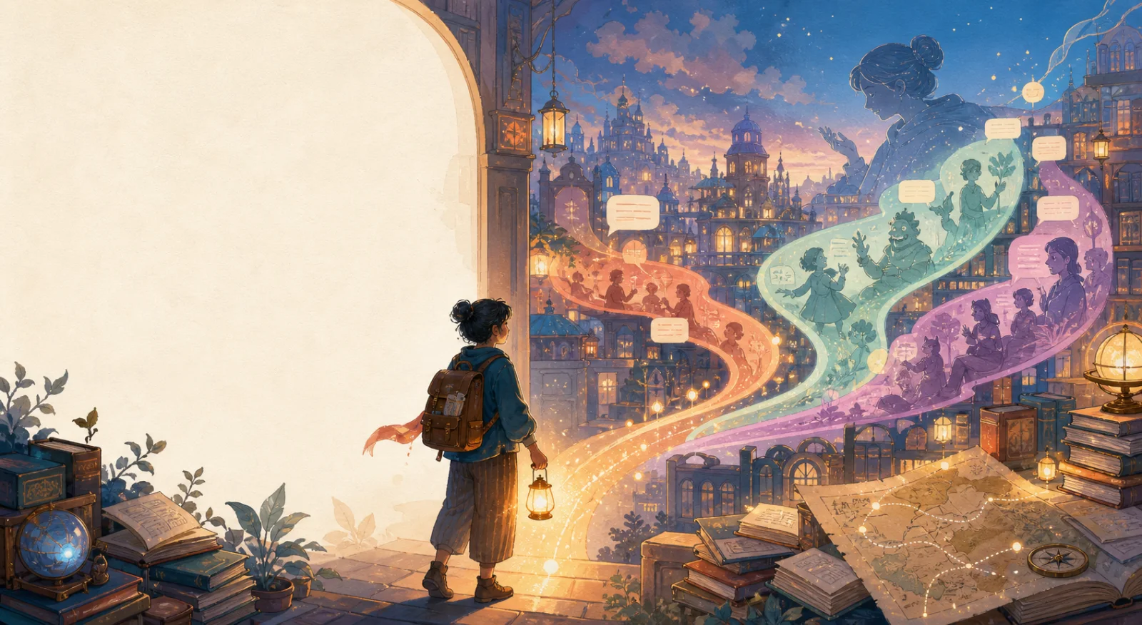 Warm illustrated city with three language paths and story characters